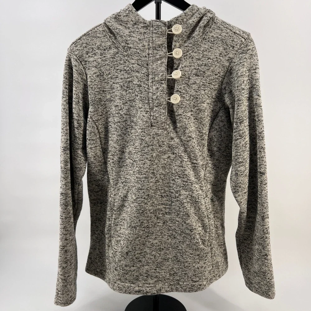 Columbia Womens Grey Marl Cowl Neck Button‎ Fleece Sweater Pullover Hood Large L